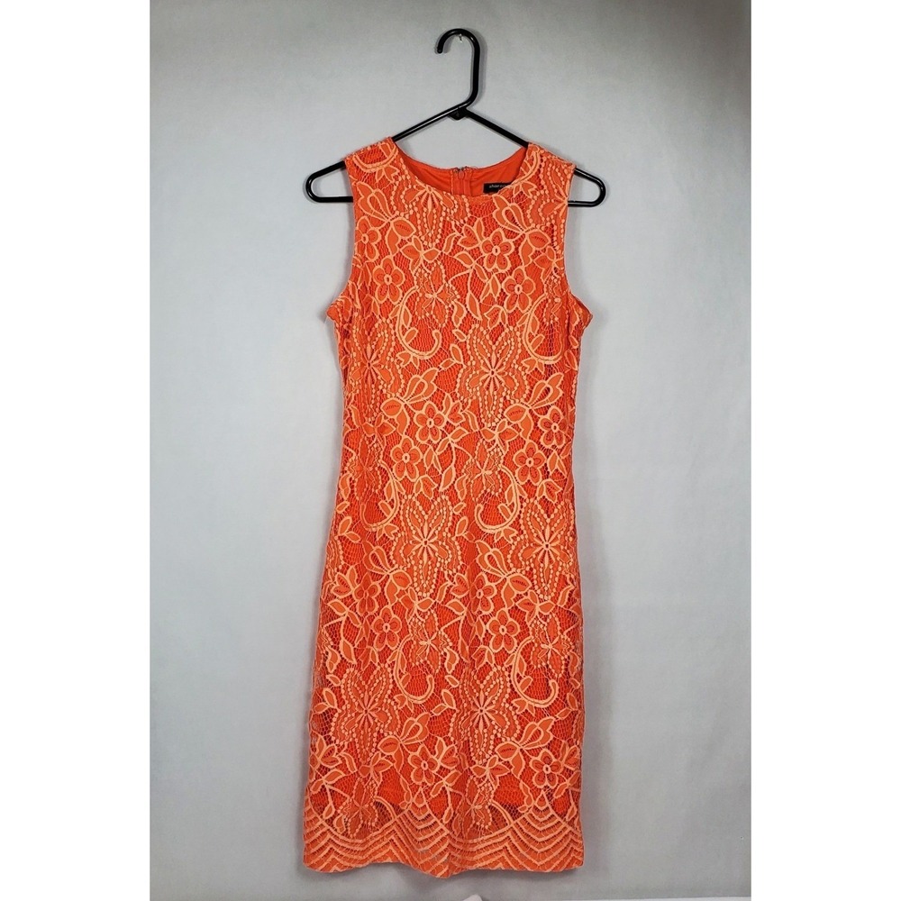Sharagano Womens 8P Orange Floral Lace Sleeveless Sheath Dress Scalloped Hem
